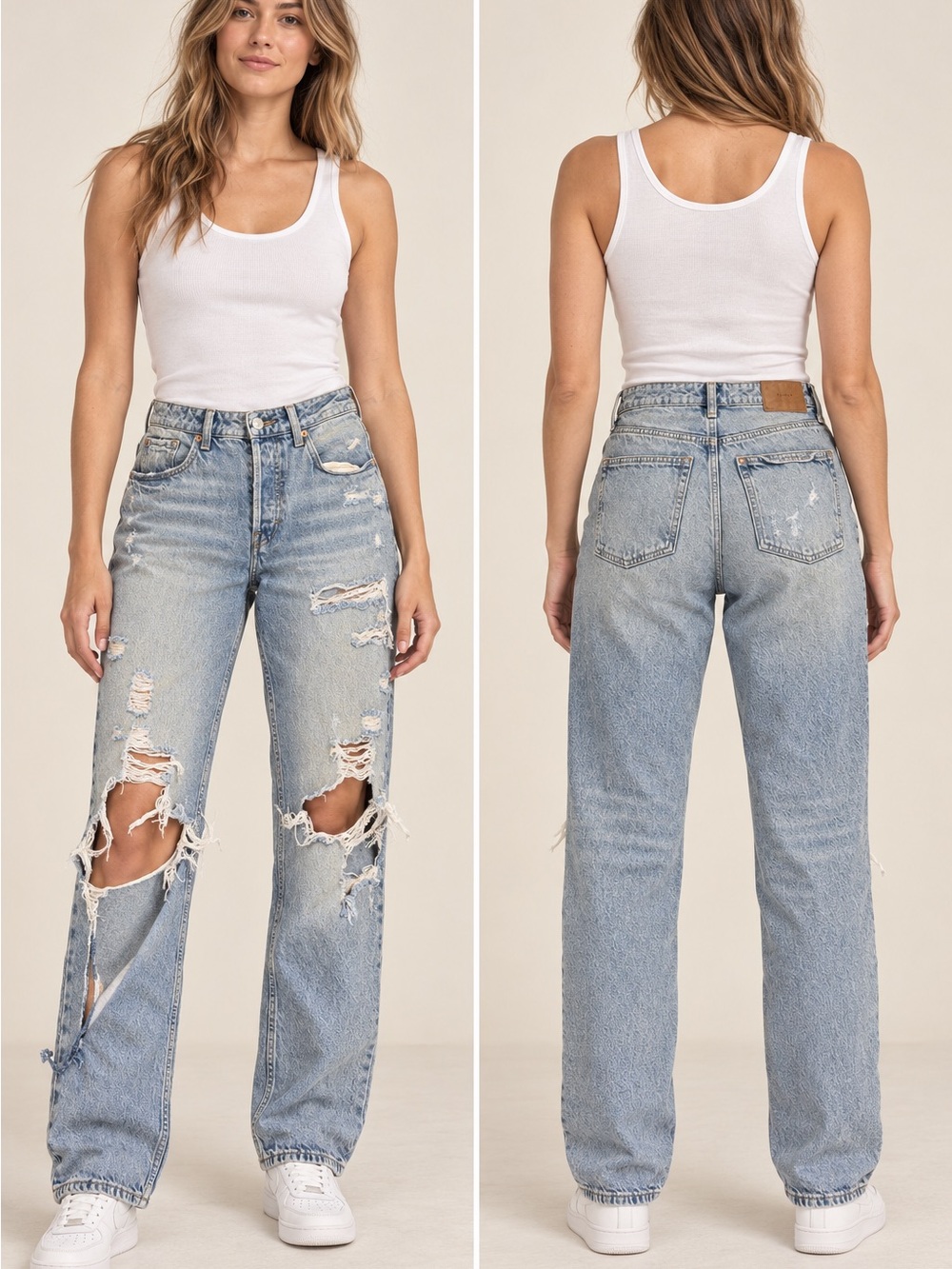 Light Blue Distressed High-Rise Straight Jeans - Women